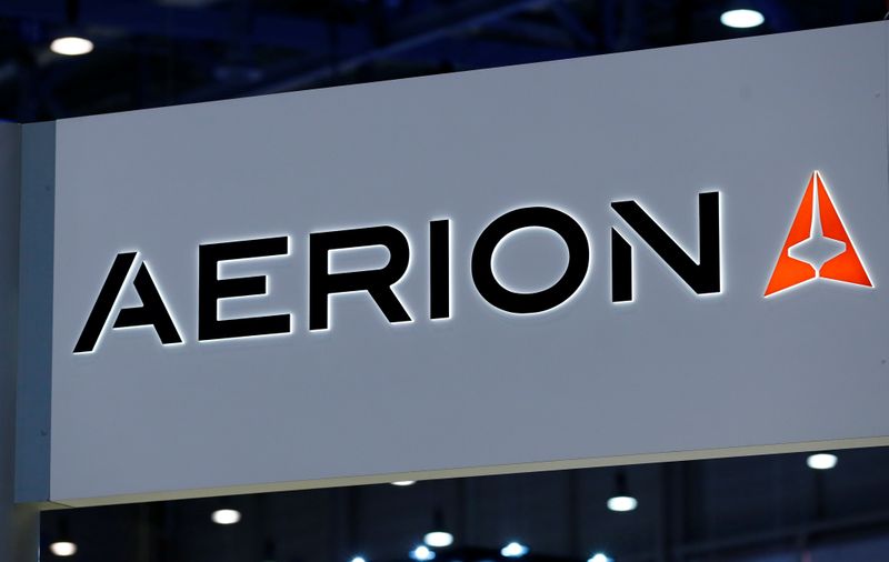 &copy; Reuters. A logo of supersonic jet maker Aerion Corporation is pictured on their booth during EBACE in Geneva