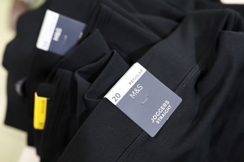 &copy; Reuters. Marks and Spencer (M&amp;S) tags are seen on joggers made at the Fakhruddin Textile Mills Limited in Gazipur