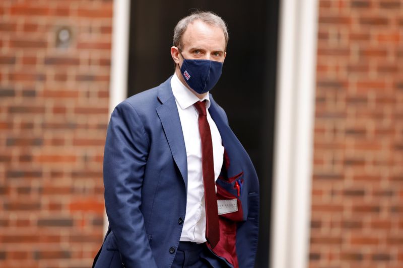 &copy; Reuters. Britain&apos;s Foreign Affairs Secretary Dominic Raab walks outside Downing Street in London