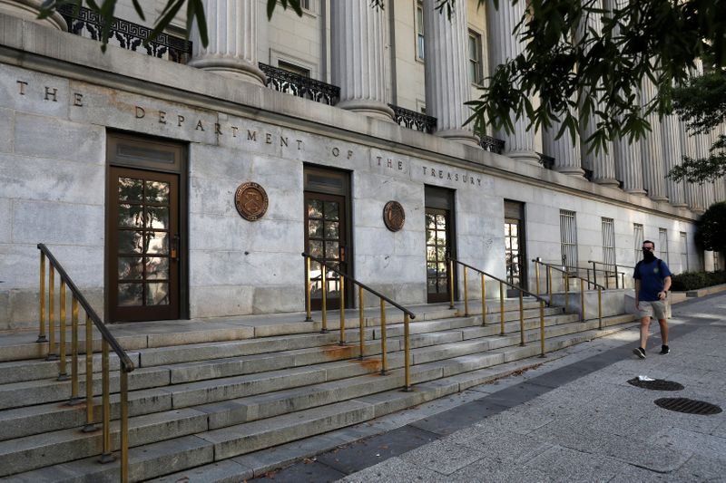 &copy; Reuters. Signage is seen at the United States Department of the Treasury headquarters in Washington, D.C.