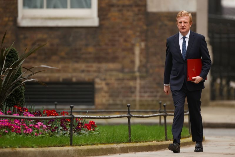 &copy; Reuters. Britain&apos;s Secretary of State for Digital, Culture, Media and Sport Oliver Dowden walks outside Downing Street in London
