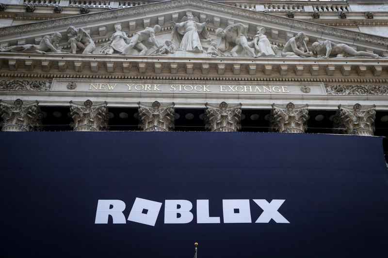 &copy; Reuters. The Roblox logo is displayed on a banner, to celebrate the company&apos;s IPO at the NYSE is seen in New York