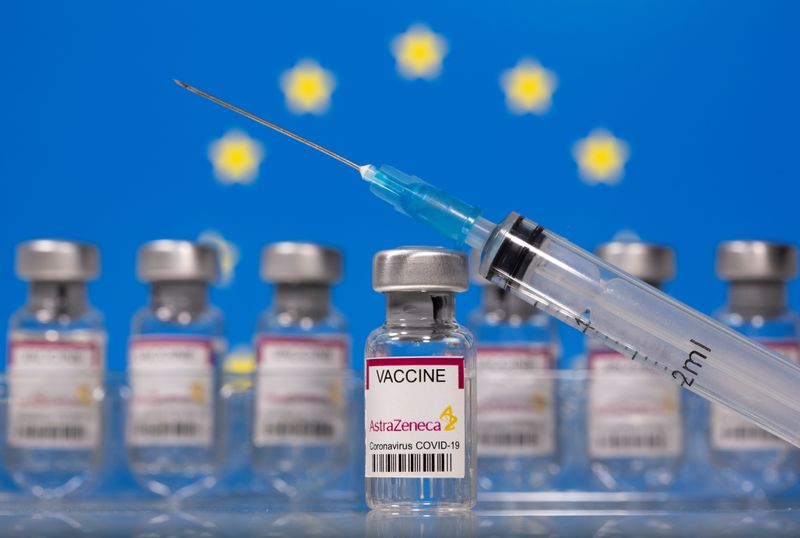 &copy; Reuters. FILE PHOTO: Vials labelled &quot;Astra Zeneca COVID-19 Coronavirus Vaccine&quot; and a syringe are seen in front of a displayed EU flag