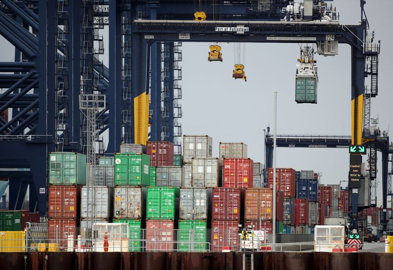 &copy; Reuters. FILE PHOTO: Containers are stacked at the Port of Felixstowe