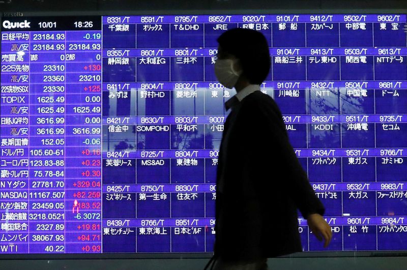 &copy; Reuters. Un passante che indossa una maschera protettiva davanti a uno schermo presso la Borsa di Tokyo