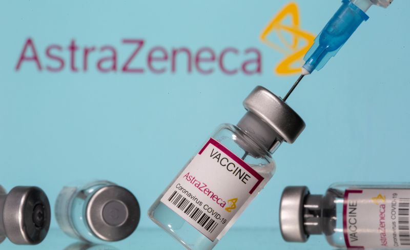 &copy; Reuters. FILE PHOTO: Vials labelled &quot;Astra Zeneca COVID-19 Coronavirus Vaccine&quot; and a syringe are seen in front of a displayed AstraZeneca logo in this illustration photo