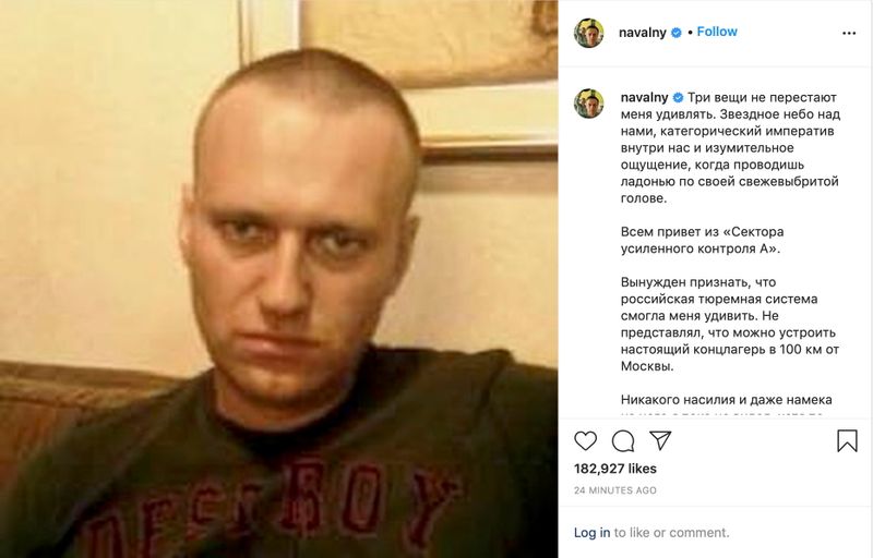 © Reuters. A screenshot of an Instagram post, showing an undated photo of Alexei Navalny in an unknown location