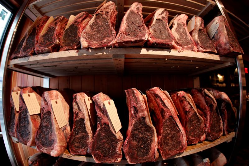 &copy; Reuters. Cuts of USDA prime dry-aged beef are seen in the dry-aging room in the lobby of Gallaghers steakhouse in the Manhattan borough of New York City