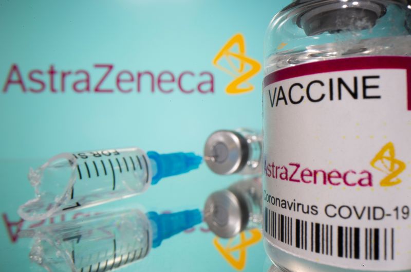 &copy; Reuters. FILE PHOTO: Vial labelled &quot;AstraZeneca COVID-19 Coronavirus Vaccine&quot; and a broken syringe are seen in front of a displayed AstraZeneca logo in this illustration