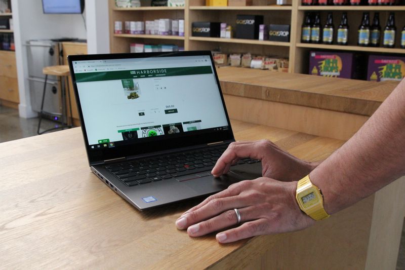 © Reuters. The website for Harborside is shown on a screen at the dispensary in San Leandro