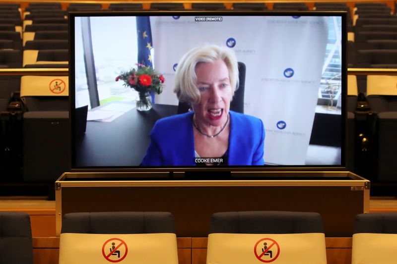 © Reuters. EMA Executive Director, Emer Cooke videoconference in Brussels