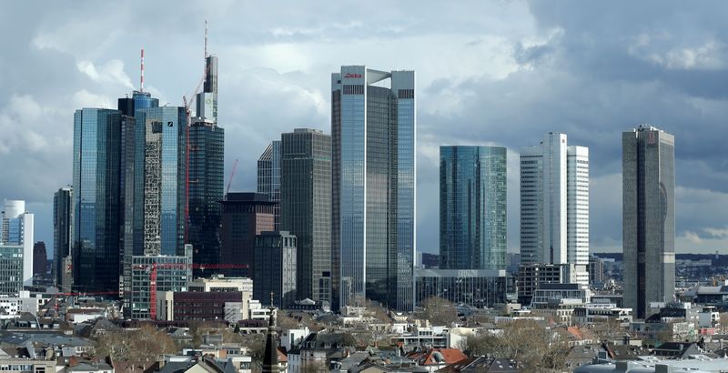 &copy; Reuters. FILE PHOTO: The financial district with Germany&apos;s Deutsche Bank and Commerzbank is pictured in Frankfurt