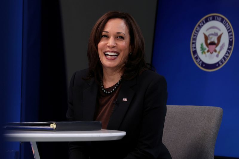 &copy; Reuters. FILE PHOTO: U.S. Vice President Harris delivers a keynote address to the House Democratic Caucus virtually on camera from the White House in Washington