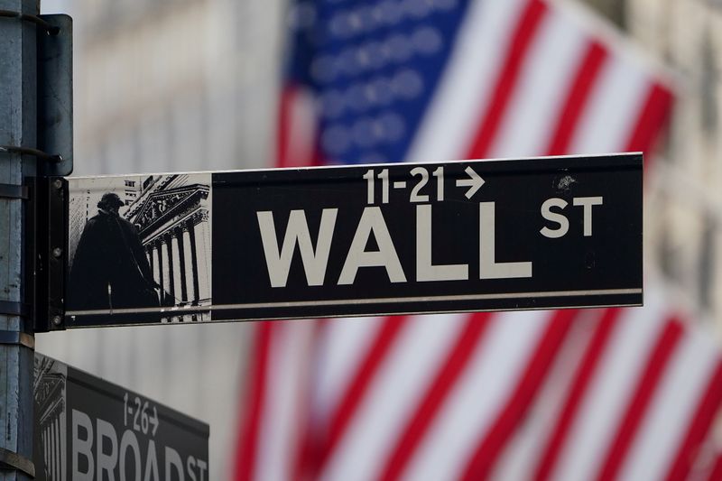 © Reuters. FILE PHOTO: The Wall Street sign is pictured at the New York Stock exchange (NYSE) in the Manhattan borough of New York City