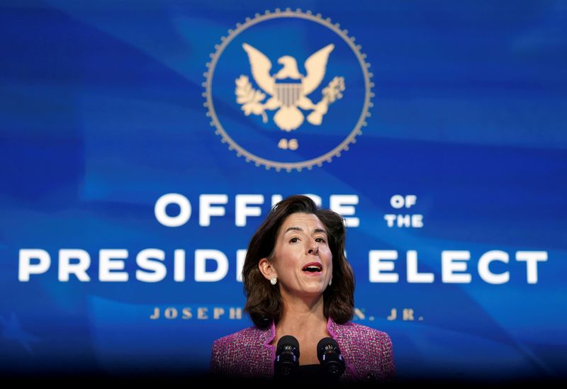 © Reuters. FILE PHOTO: Gina Raimondo, Biden's nominee for secretary of Commerce, speaks in Wilmington, Delaware