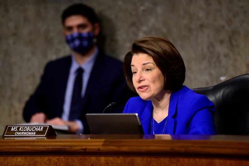 &copy; Reuters. FILE PHOTO: U.S. Senator Amy Klobuchar speaks at a Senate committee hearing in Washington