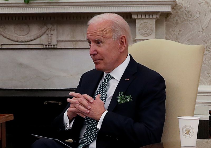 &copy; Reuters. U.S. President Biden participates in virtual events to mark St. Patrick&apos;s Day at the White House in Washington