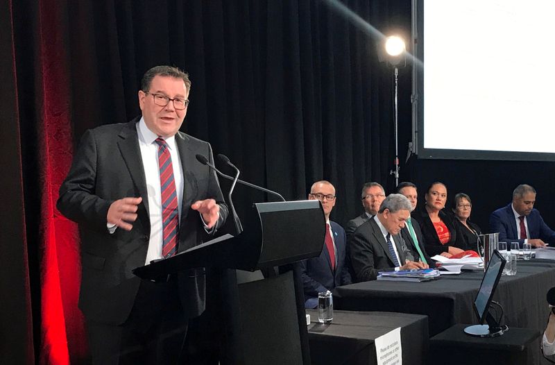 &copy; Reuters. FILE PHOTO: New Zealand Finance Minister Robertson speaks about the &apos;wellbeing&apos; budget in Wellington