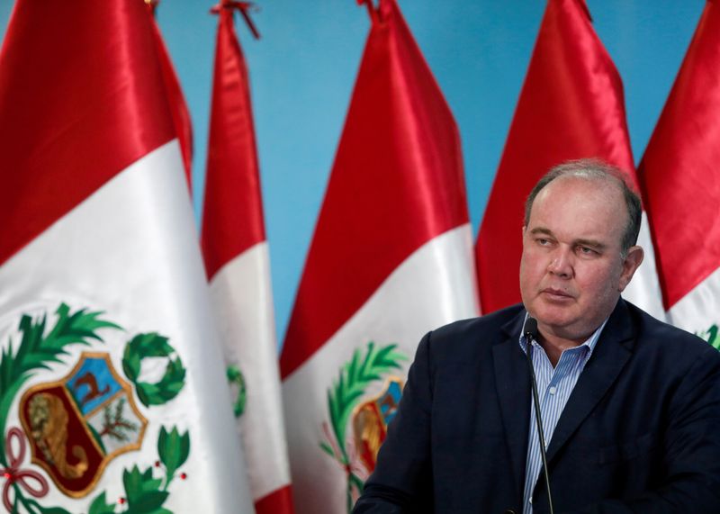 &copy; Reuters. Peruvian presidential candidate Rafael Lopez Aliaga addresses the media, in Lima