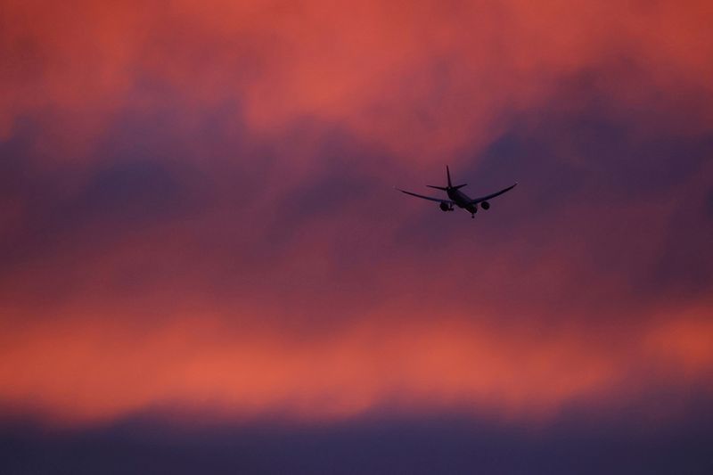 &copy; Reuters. FILE PHOTO: A plane flies in a red sky above London