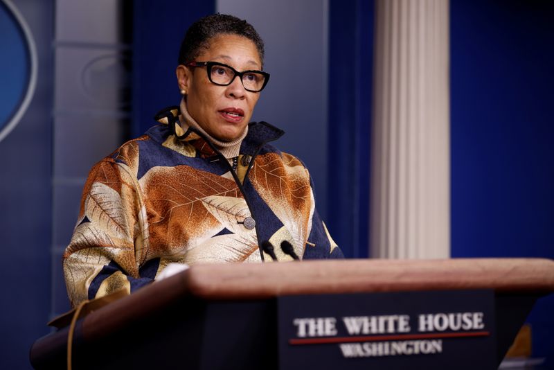 &copy; Reuters. Secretary of Housing and Urban Development Marcia Fudge delivers remarks during a press briefing at the White House in Washington