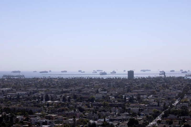 &copy; Reuters. Dozens of container ships sit off the coast of Long Beach waiting to unload their cargo at the Port of Los Angeles in California
