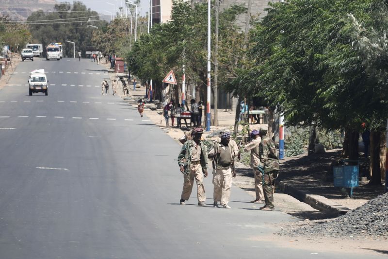 &copy; Reuters. Troops in Eritrean uniforms walk in the town of Bizet