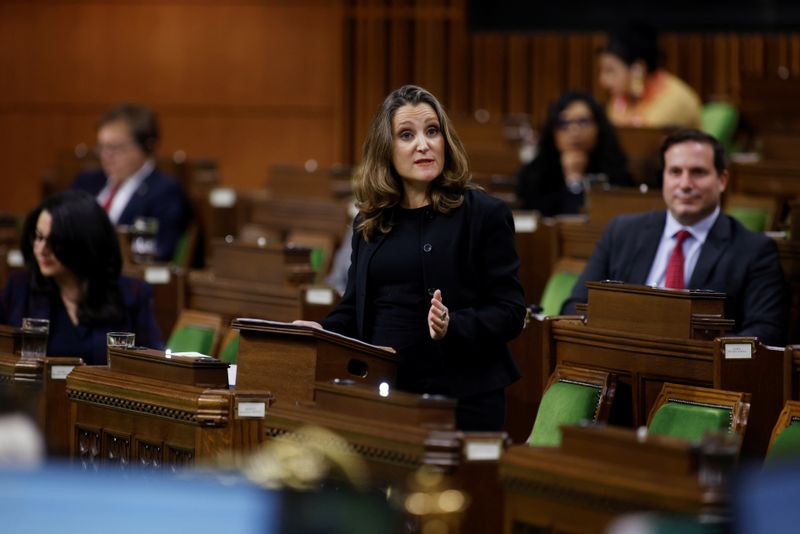 &copy; Reuters. Canada&apos;s Finance Minister Chrystia Freeland speaks in the House of Commons in Ottawa