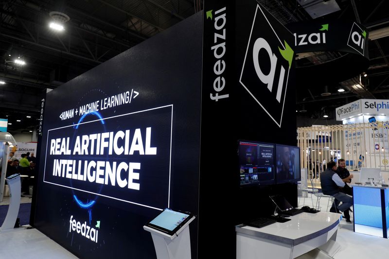 &copy; Reuters. FILE PHOTO: Feedzai, a fraud detection system that incorporates machine learning models, displays on the exhibit hall floor during the Money 20/20 conference in Las Vegas