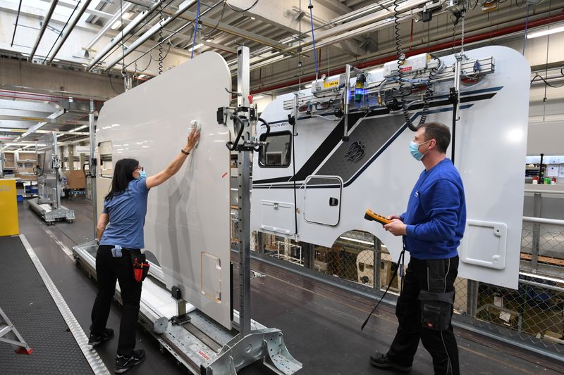 &copy; Reuters. Workers prepare camper walls at Knaus-Tabbert AG factory in Jandelsbrunn