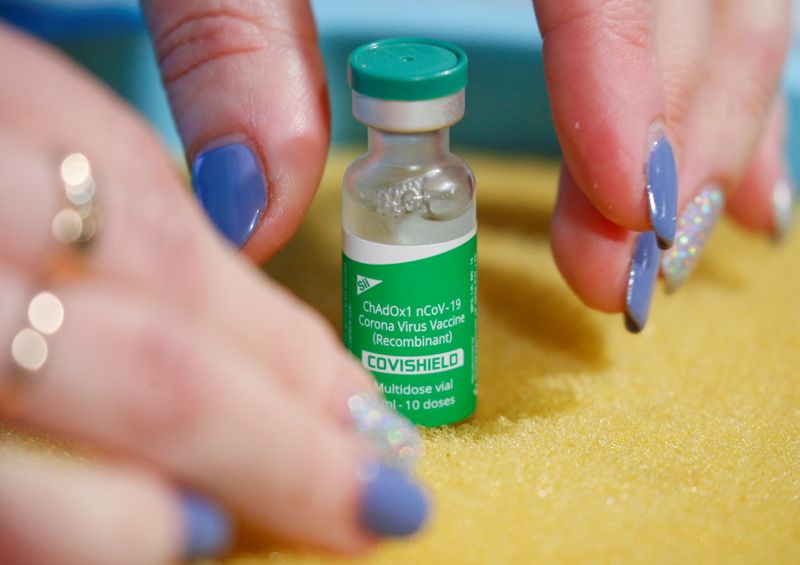 &copy; Reuters. A vial of the Oxford University/AstraZeneca vaccine is pictured during the vaccination campaign in Kyiv