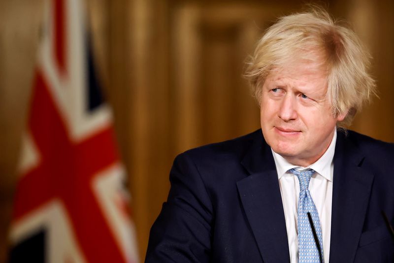 &copy; Reuters. FILE PHOTO: Britain&apos;s Prime Minister Boris Johnson gives an update on the COVID-19 pandemic during a virtual news conference, in London