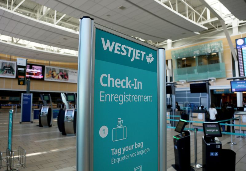 © Reuters. FILE PHOTO: WestJet airline signage is pictured at Vancouver's international airport in Richmond