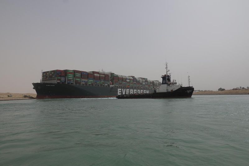 © Reuters. Stranded container ship Ever Given, one of the world's largest container ships, is seen after it ran aground, in Suez Canal