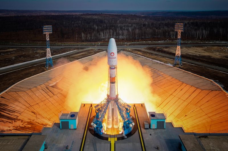 &copy; Reuters. A rocket booster with satellites of British firm OneWeb blasts off from a launchpad at the Vostochny Cosmodrome in Amur Region