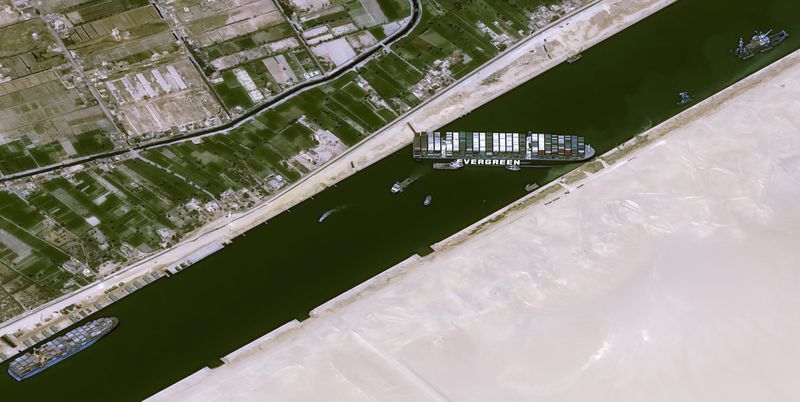 &copy; Reuters. Satellite image shows stranded container ship Ever Given ran around in Suez Canal