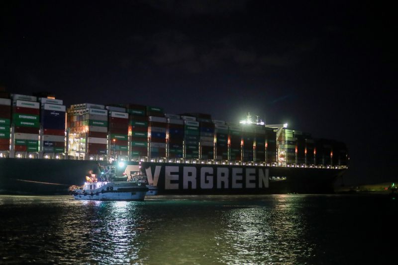 © Reuters. Giant container ship stranded in Suez Canal