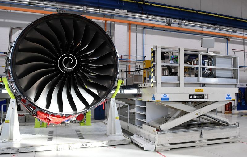 &copy; Reuters. FILE PHOTO: Rolls Royce Trent XWB engines, designed specifically for the Airbus A350 family of aircraft, are seen on the assembly line at the Rolls Royce factory in Derby
