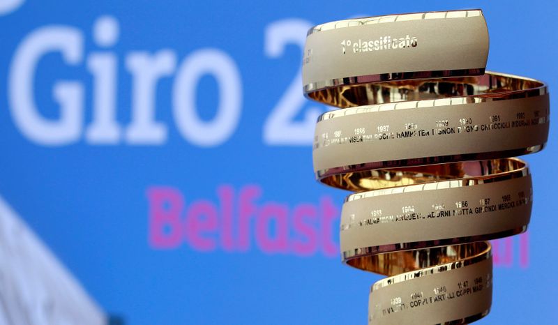 &copy; Reuters. FILE PHOTO: The Giro d&apos;Italia trophy is seen on display in Belfast