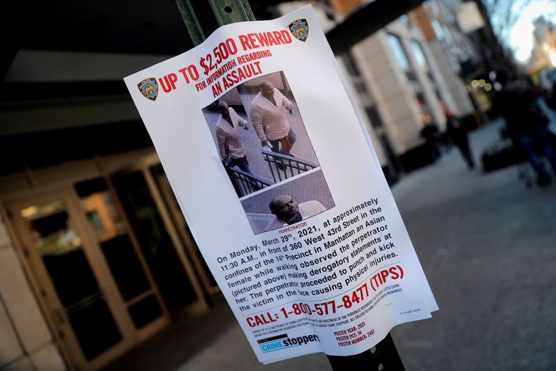 &copy; Reuters. FILE PHOTO: New York City Police Department (NYPD) poster after alleged assault attack on Asian woman in New York