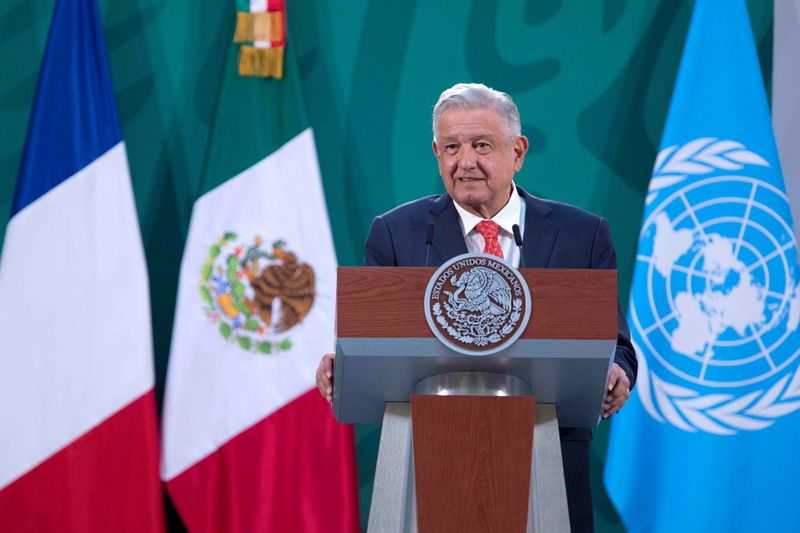 &copy; Reuters. Mexico&apos;s President Andres Manuel Lopez Obrador addresses the audience during the opening ceremony of the Generation Equality Forum Mexico, in Mexico City