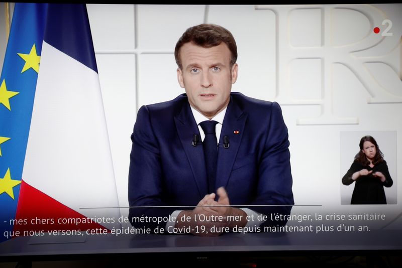 &copy; Reuters. Presidente da França, Emmanuel Macron, discursa à nação sobre pandemia de Covid-19