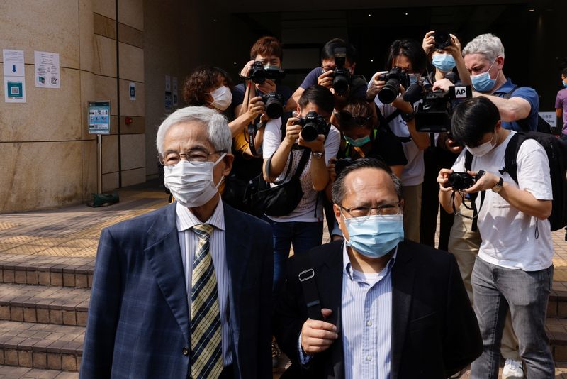 &copy; Reuters. Democratic Party founder and barrister Martin Lee and Albert Ho arrive at the West Kowloon Courts for verdicts in landmark unlawful assembly case, in Hong Kong