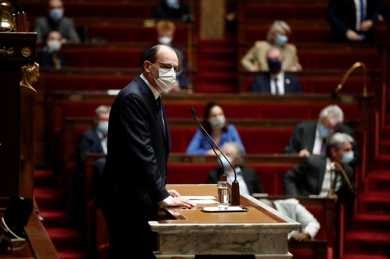 &copy; Reuters. Debate and vote at the French Parliament on measures to push back a third wave of COVID-19 infections