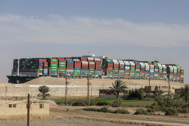 &copy; Reuters. FILE PHOTO: Ship Ever Given, one of the world&apos;s largest container ships, is seen after it was fully floated in Suez Canal