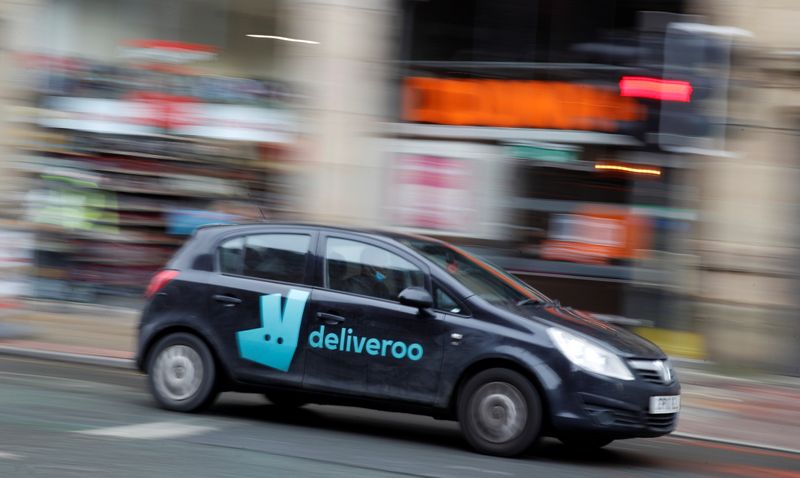 &copy; Reuters. A deliveroo delivery driver is seen in the centre of Manchester