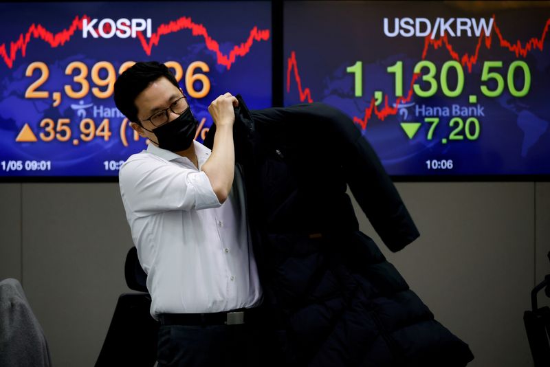 &copy; Reuters. FILE PHOTO: A currency dealer walks past electronic boards showing the Korea Composite Stock Price Index (KOSPI) and the exchange rate between the U.S. dollar and South Korean won at a dealing room of a bank, in Seoul