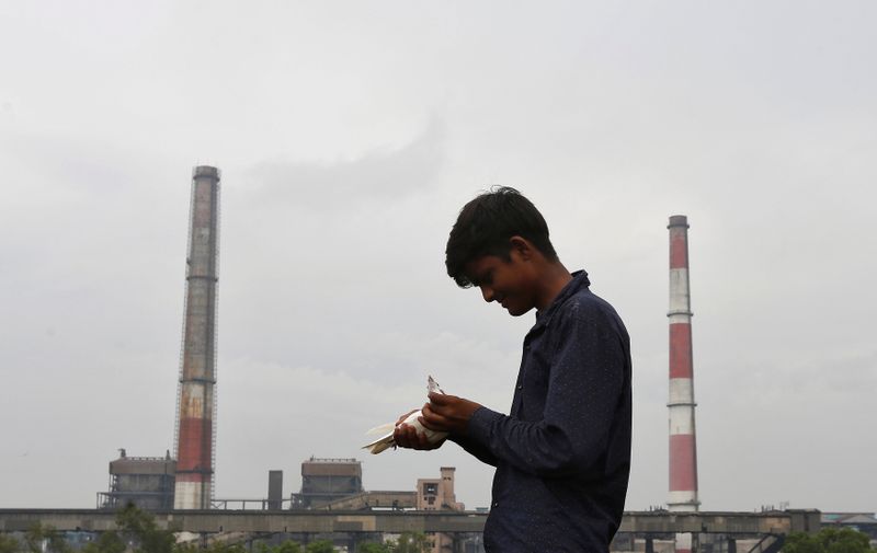 &copy; Reuters. A boy examines a pigeon on a rooftop near a coal-fired power plant in New Delhi