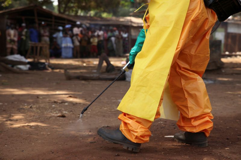 &copy; Reuters. FILE PHOTO: A member of the French Red Cross disinfects the area around a motionless person suspected of carrying the Ebola virus as a crowd gathers in Forecariah