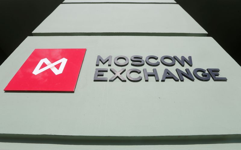 &copy; Reuters. FILE PHOTO: Moscow Exchange&apos;s logo is displayed outside its office in Moscow